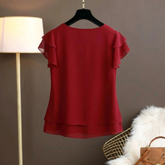 Blouse bordeaux femme col rond ourlet superposé et manches volantées