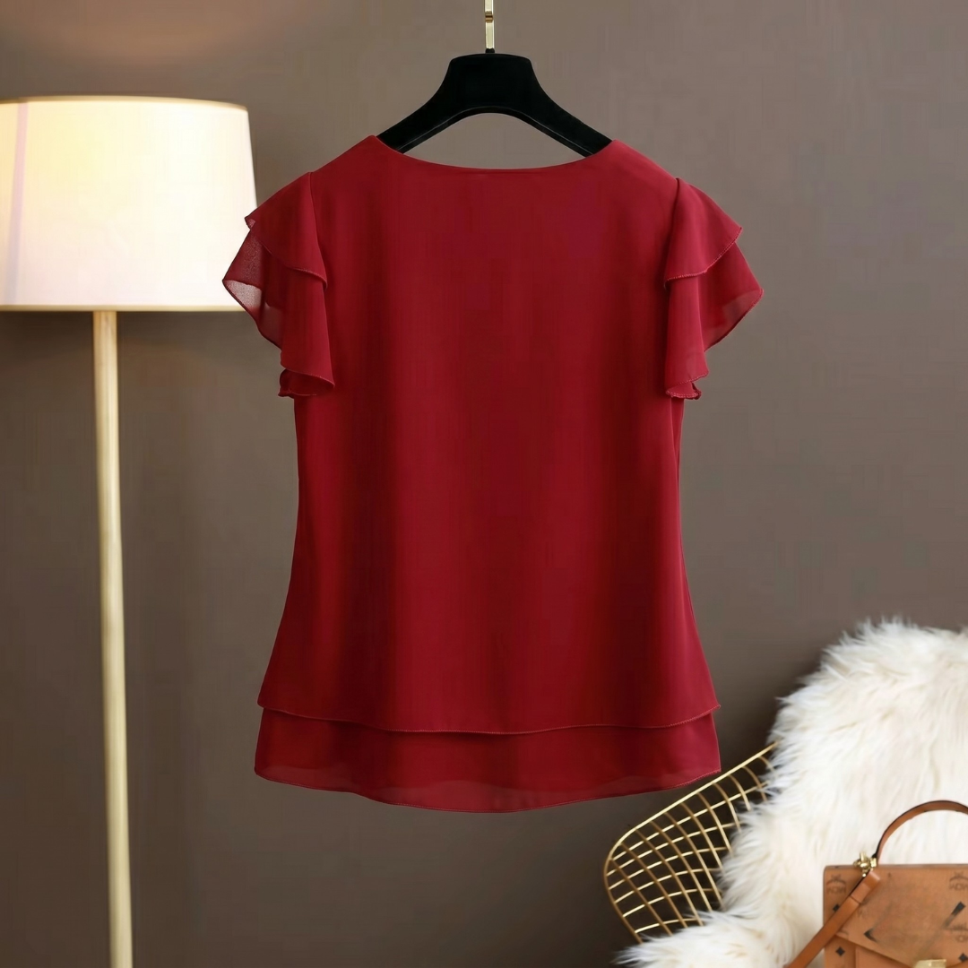 Blouse bordeaux femme col rond ourlet superposé et manches volantées