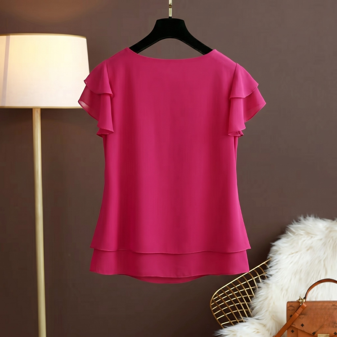 Blouse rosa femme col rond double volant sur les manches, vue de face