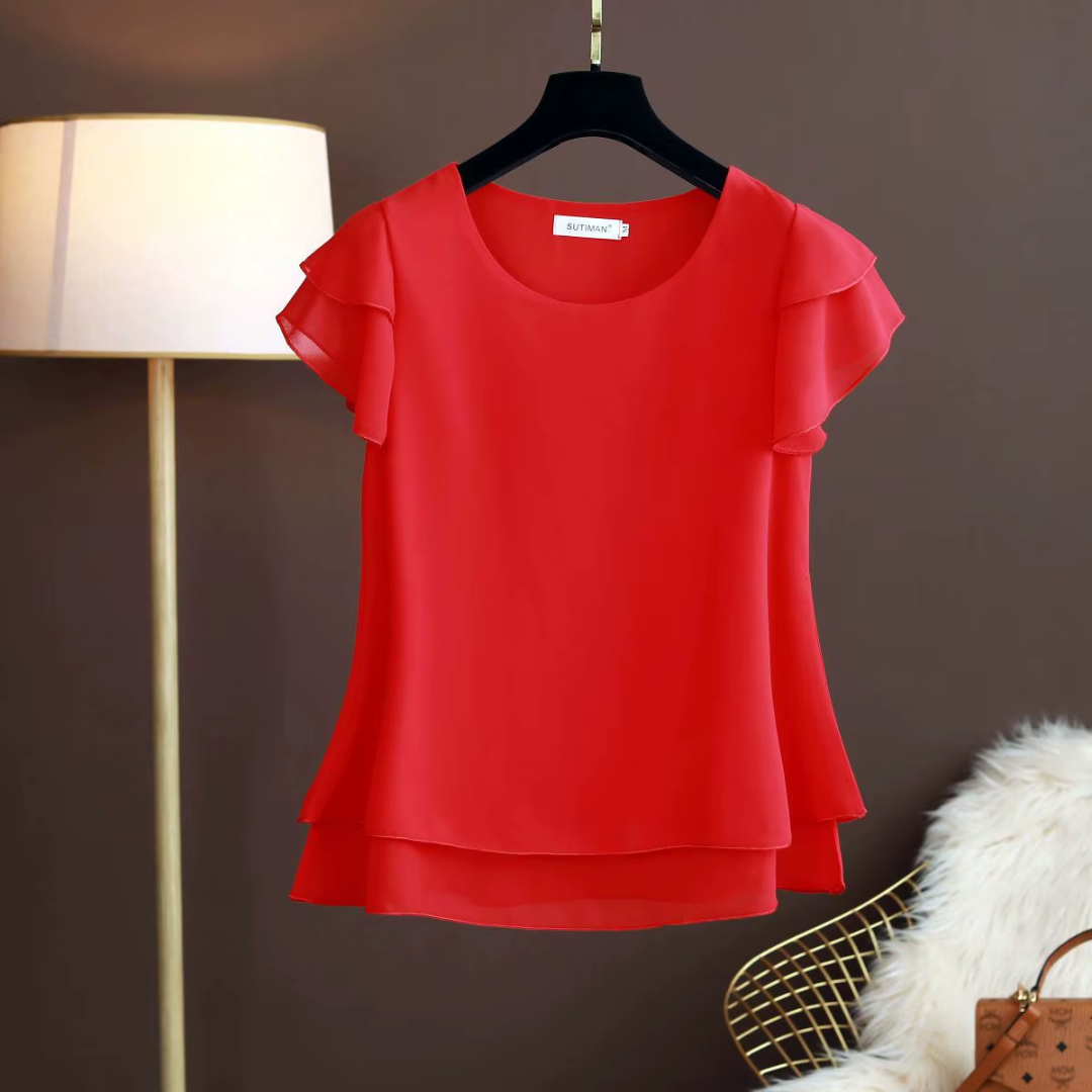 Chemisier femme rouge manches volantées et ourlet en deux niveaux