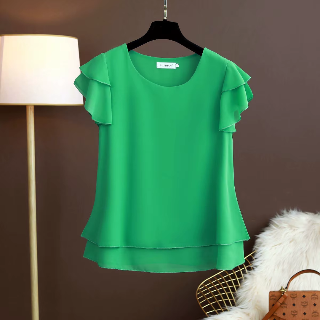 Chemisier femme vert manches à volants en cascade et ourlet superposé