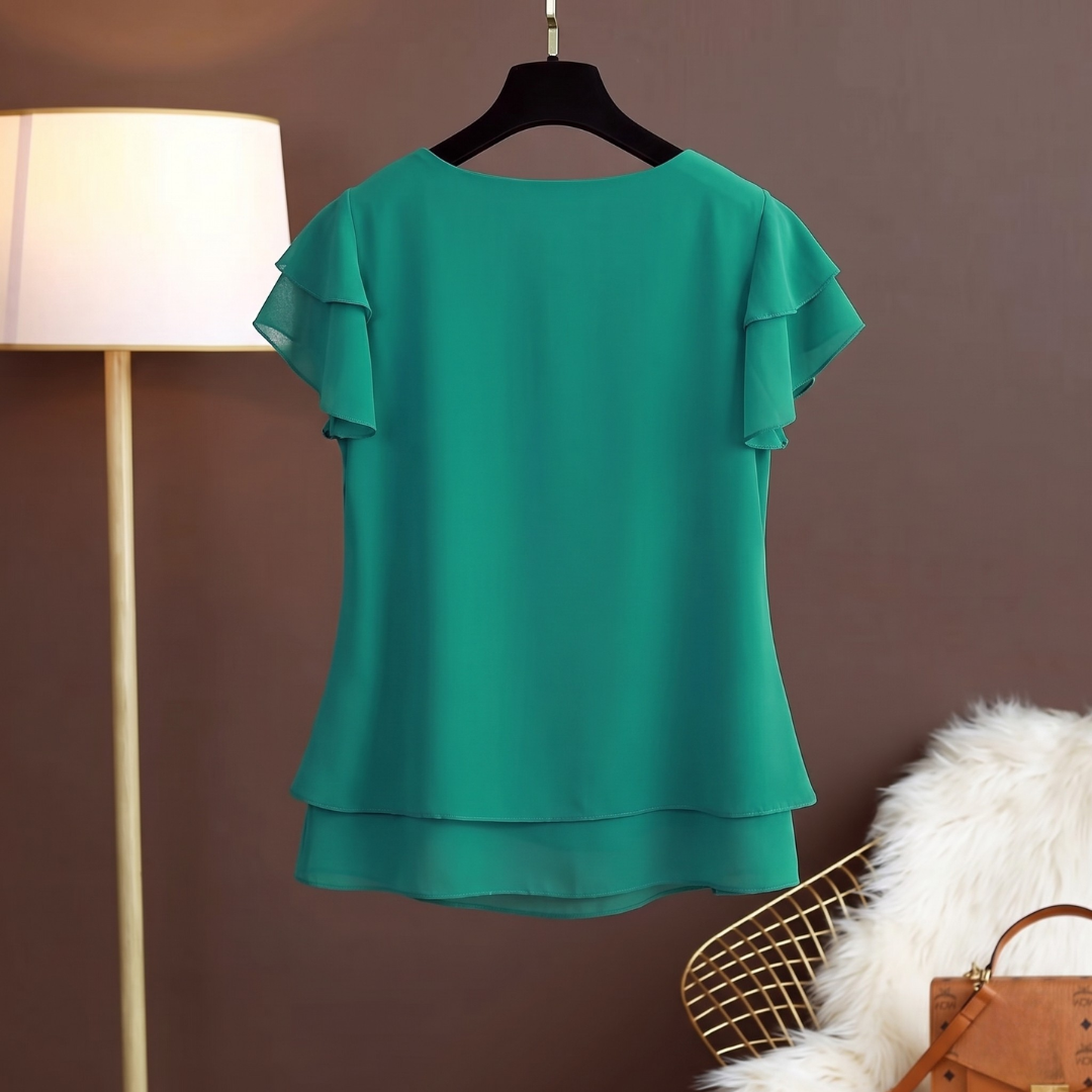 Blouse vert foncé femme col rond avec double volant sur les manches courtes