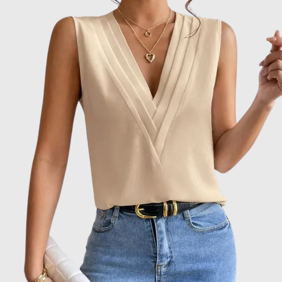 Chemisier femme sans manches col cache-cœur coloris beige naturel