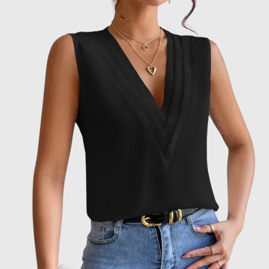 Chemisier femme cache-cœur sans manches coloris noir, look casual chic