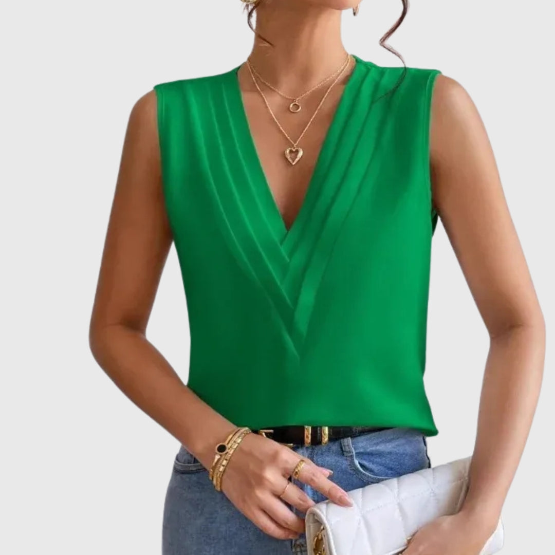 Chemisier femme col V croisé coloris vert, sans manches estival
