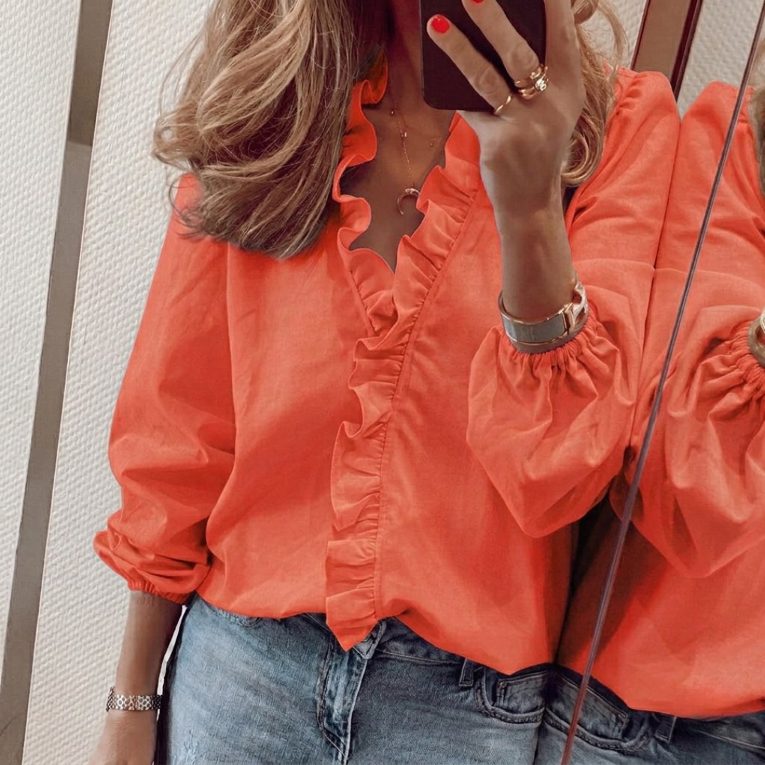Chemisier femme col V volants coloris orange vif