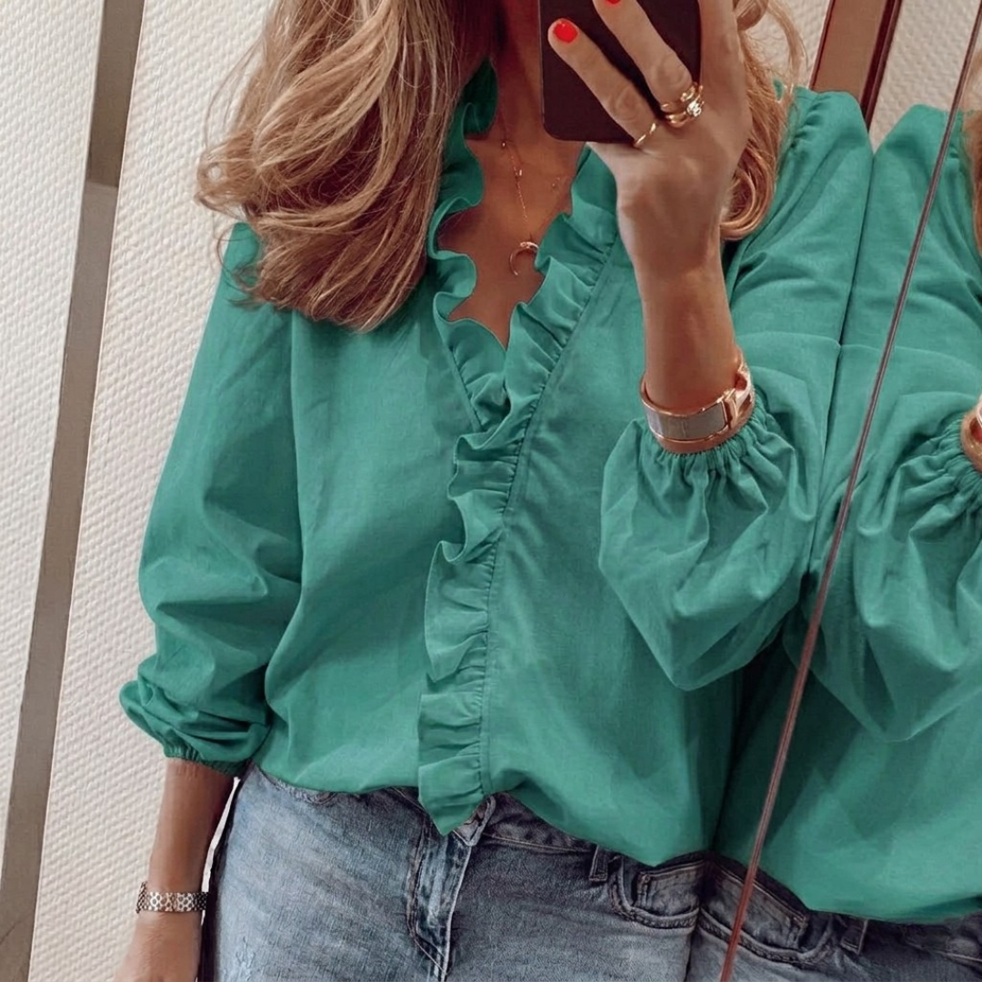 Chemisier femme col V volants coloris vert émeraude