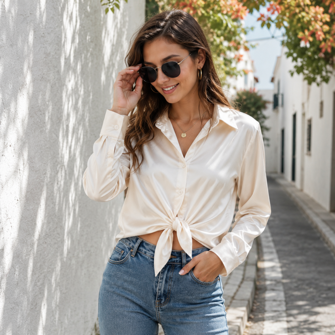 Chemisier femme beige brillant noué devant, col pointu et manches longues