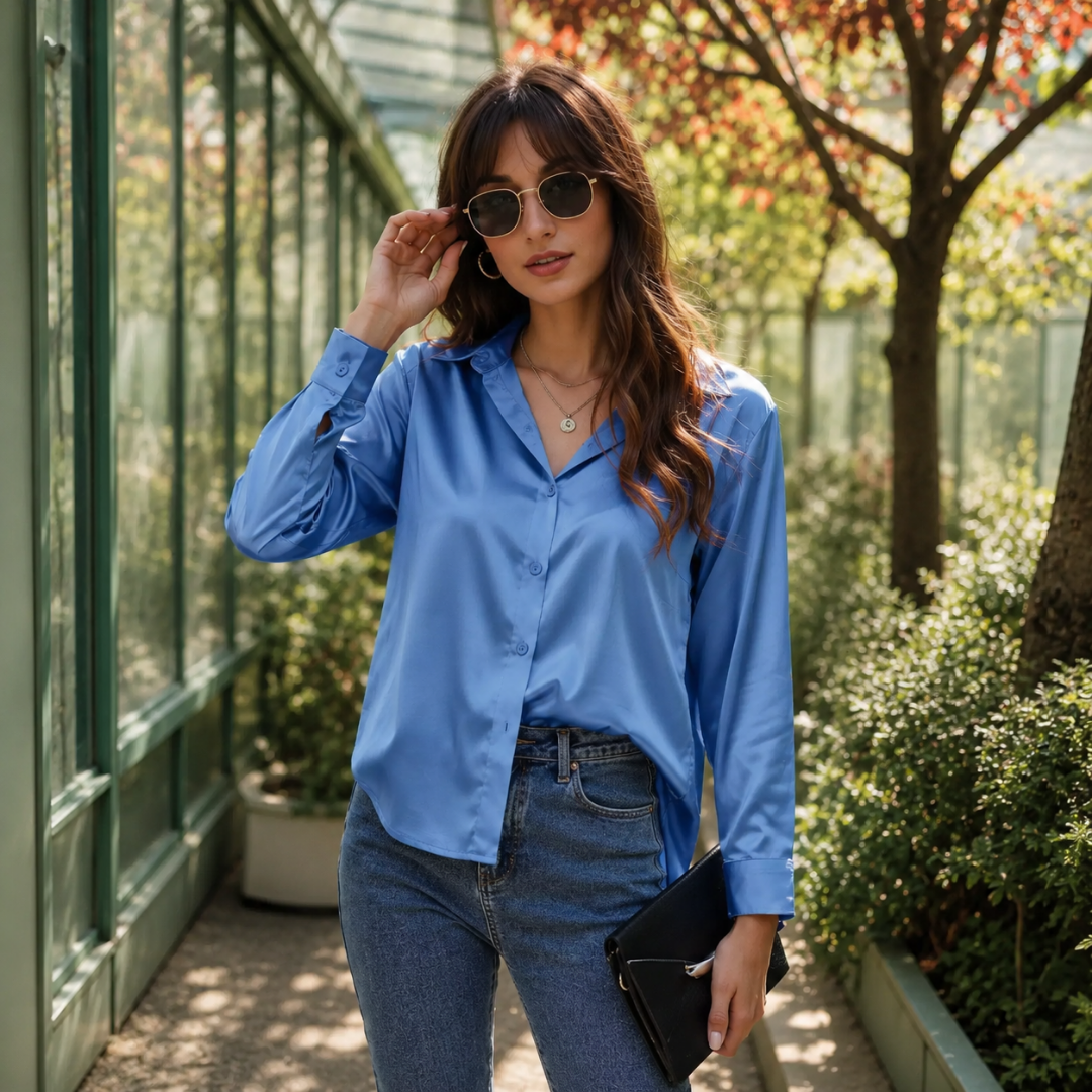 Chemisier femme bleu brume à aspect satiné, boutonnage devant complet