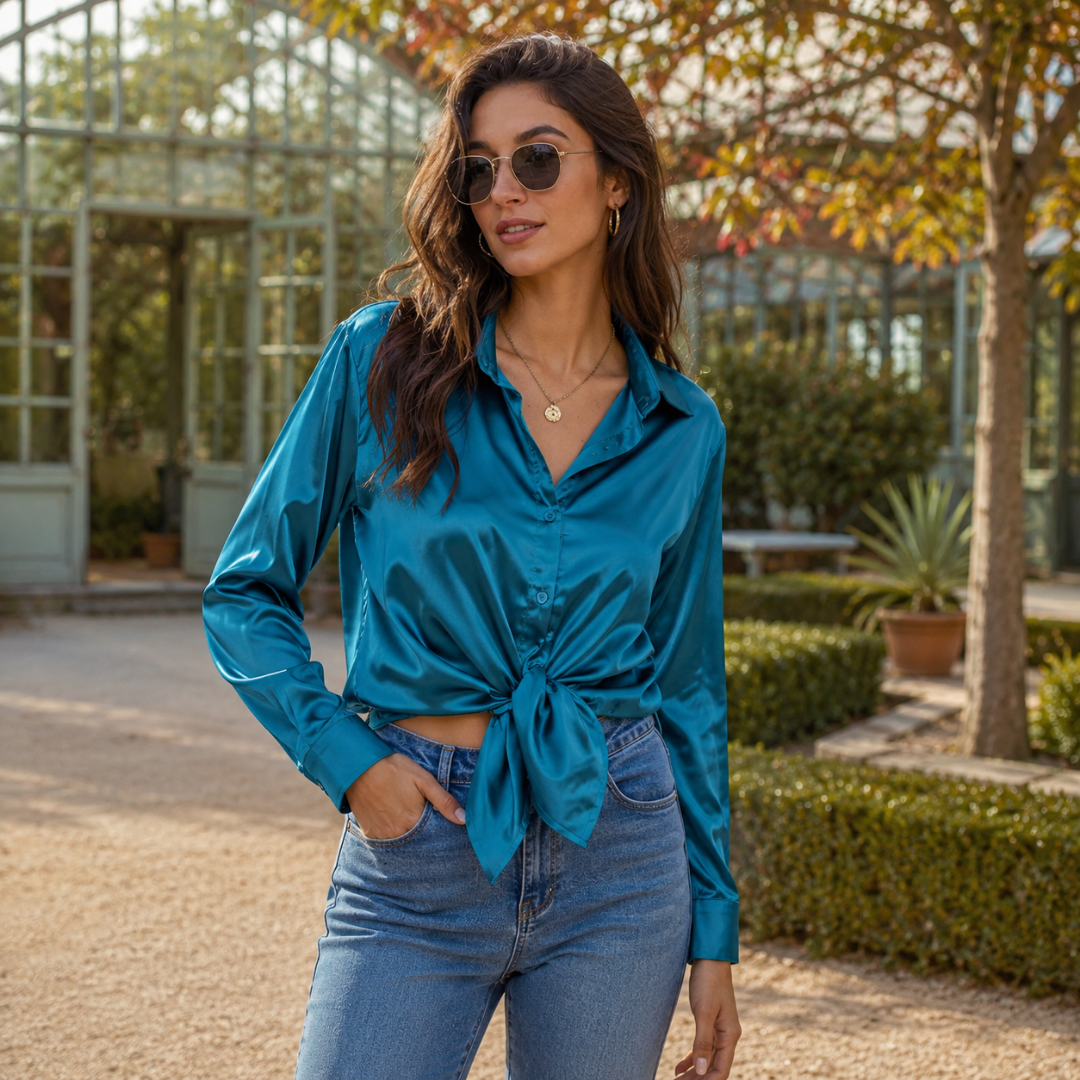 Chemisier femme bleu paon à aspect satiné noué à la taille, manches longues
