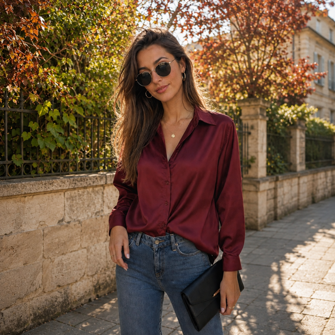 Chemisier femme bordeaux brillant à col pointu et manches longues fluides