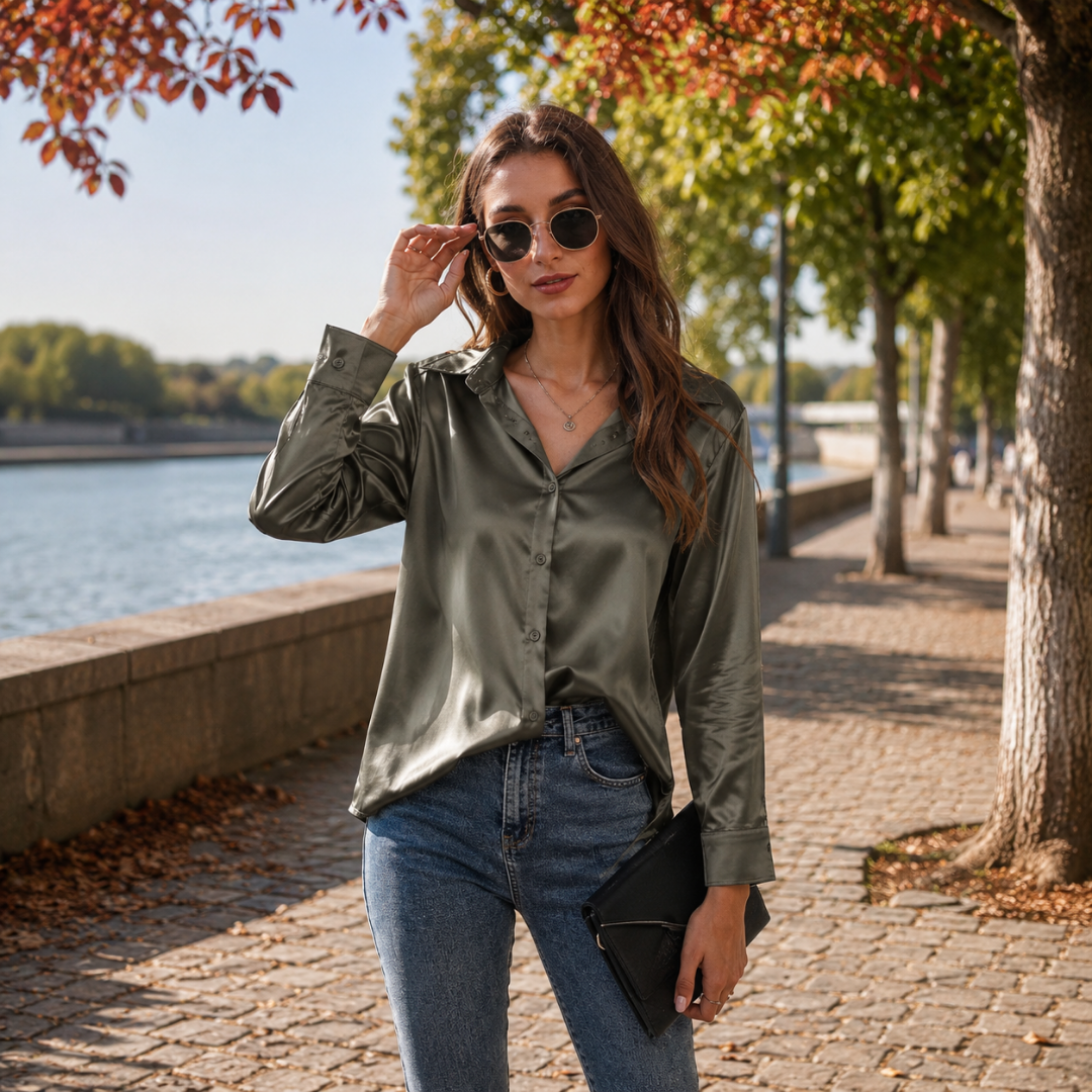Chemisier femme gris foncé à aspect satiné, poignets boutonnés visibles