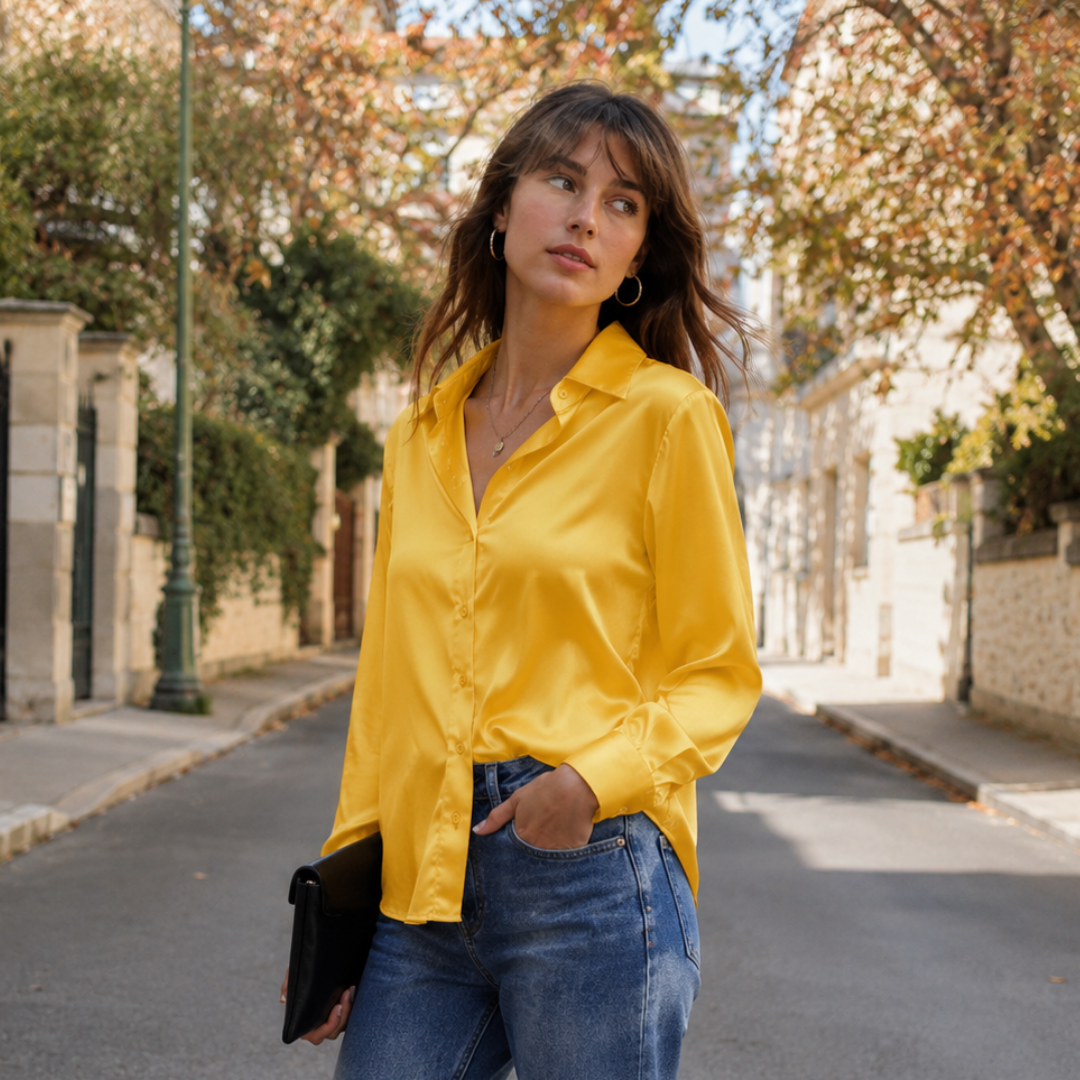 Chemisier femme jaune brillant boutonné, col pointu et manches longues