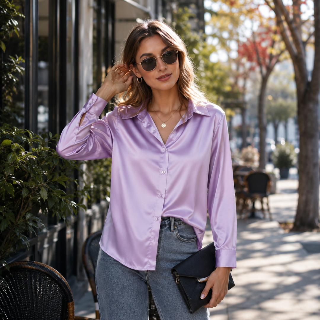 Chemisier femme lilas brillant boutonné devant, col pointu et poignets boutonnés