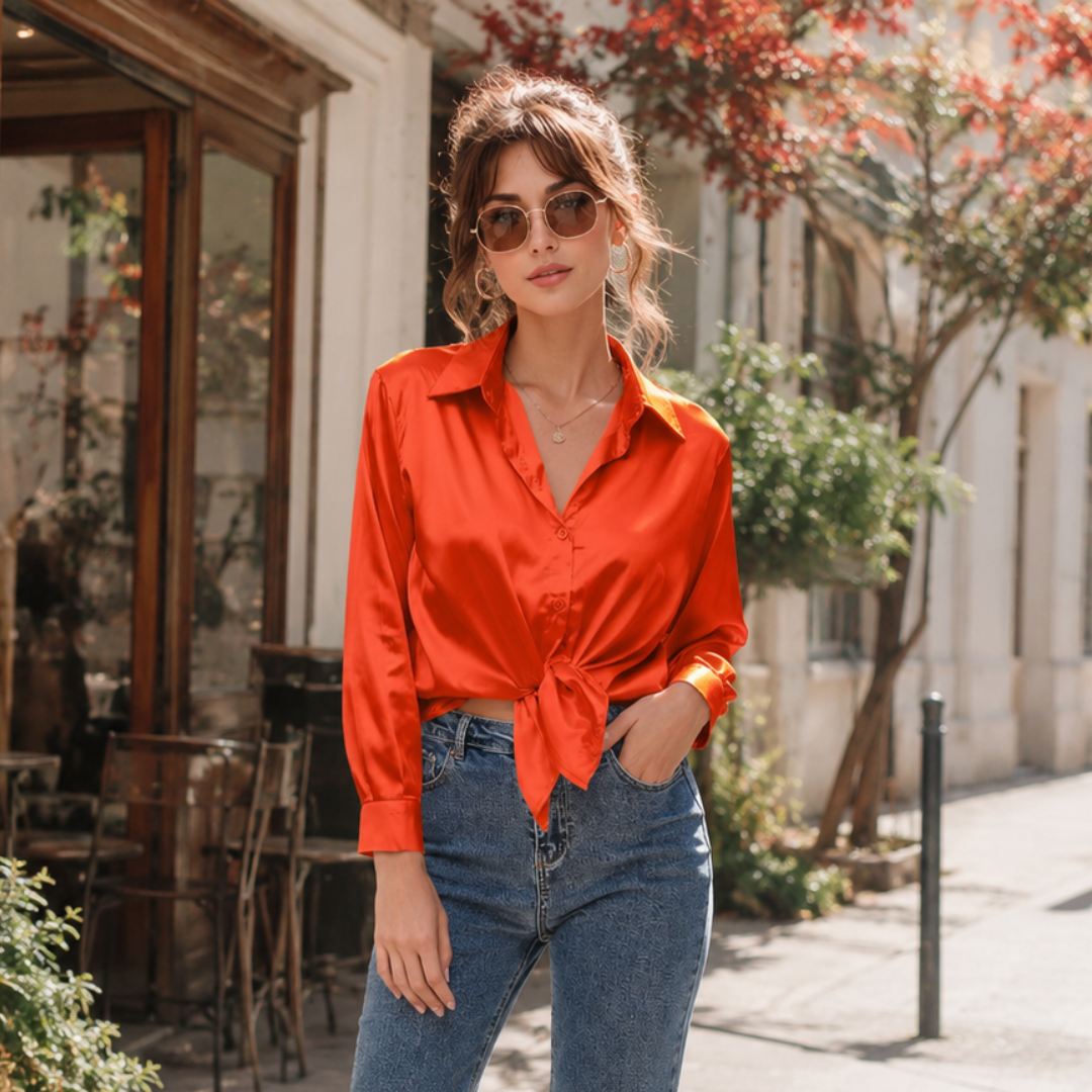 Chemisier femme orange à aspect satiné noué à la taille, manches longues
