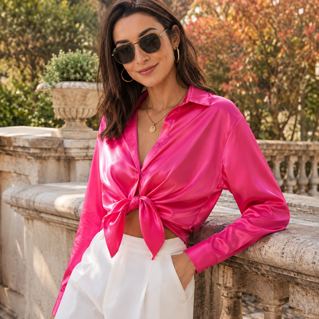 Chemisier femme rose fuchsia à aspect satiné, pans noués sur la taille