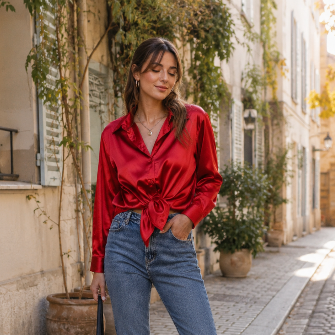Chemisier femme rouge à aspect satiné noué à la taille, col pointu ouvert