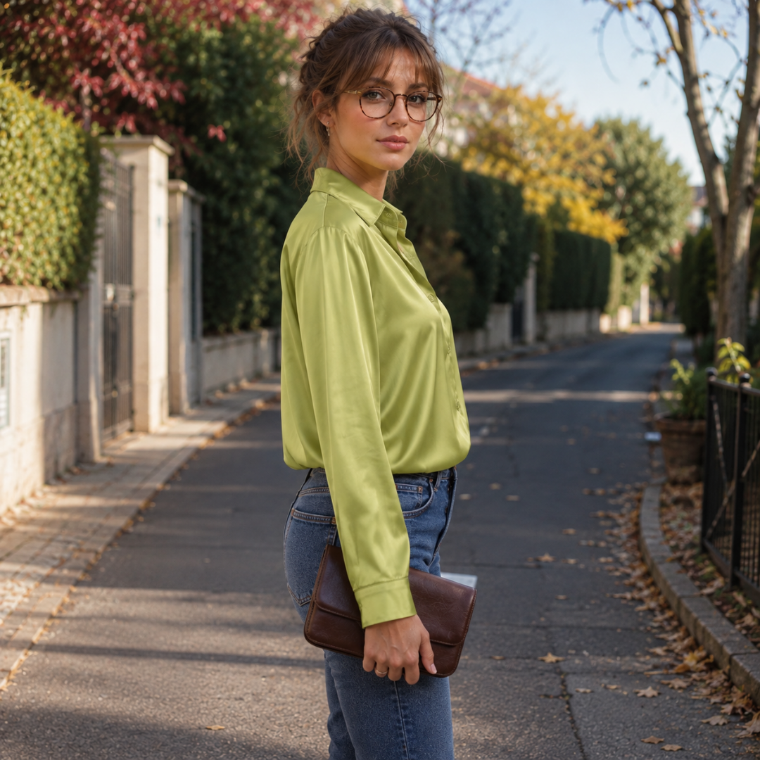 Vue de profil du chemisier vert brillant, manches longues et poignets boutonnés