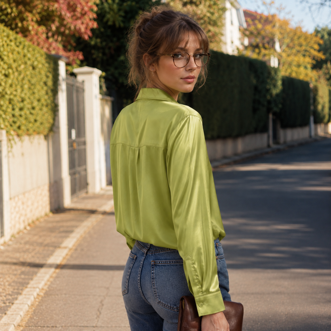 Dos du chemisier femme vert à effet brillant, épaules nettes et manches longues