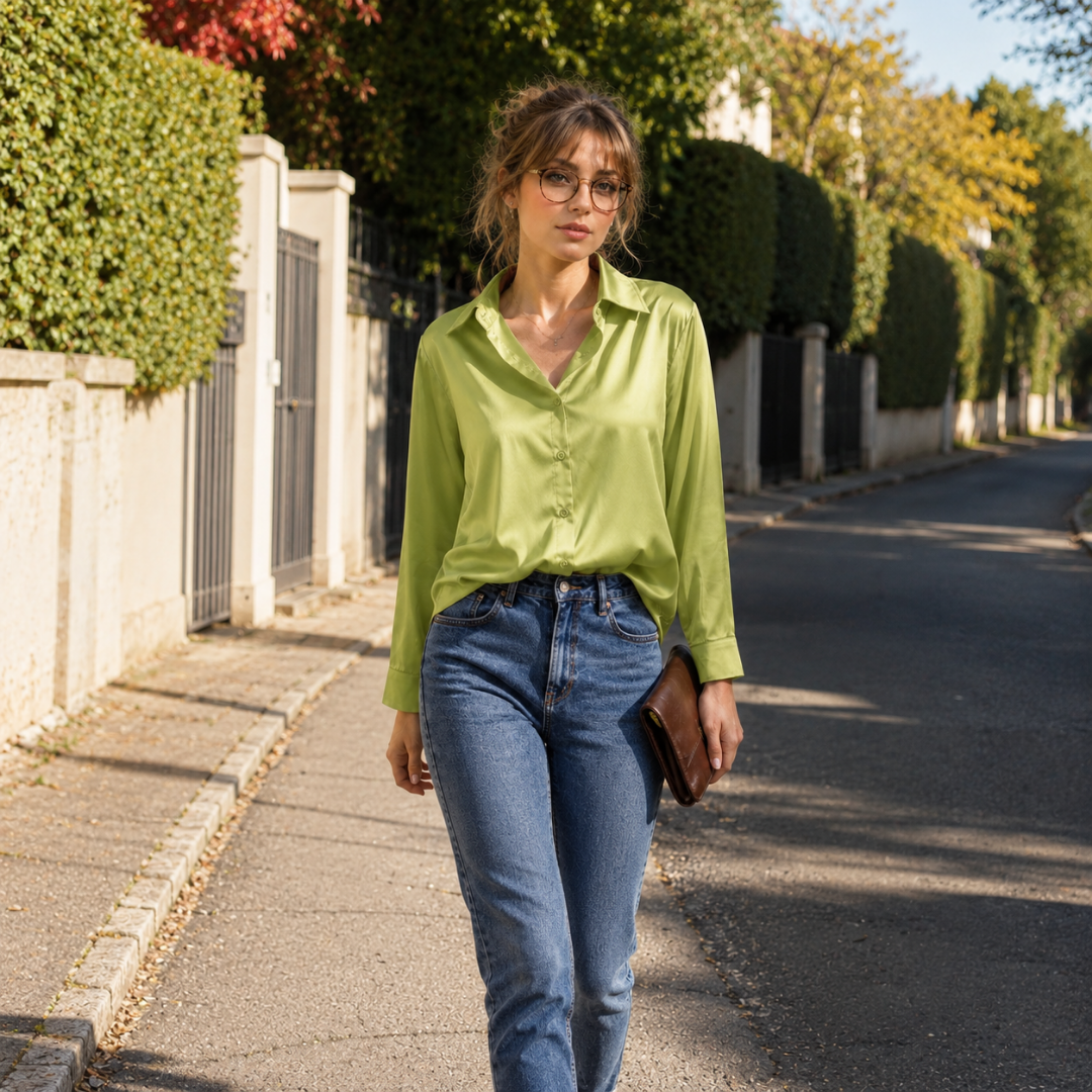 Chemisier vert boutonné porté avec un pantalon droit, col pointu ouvert