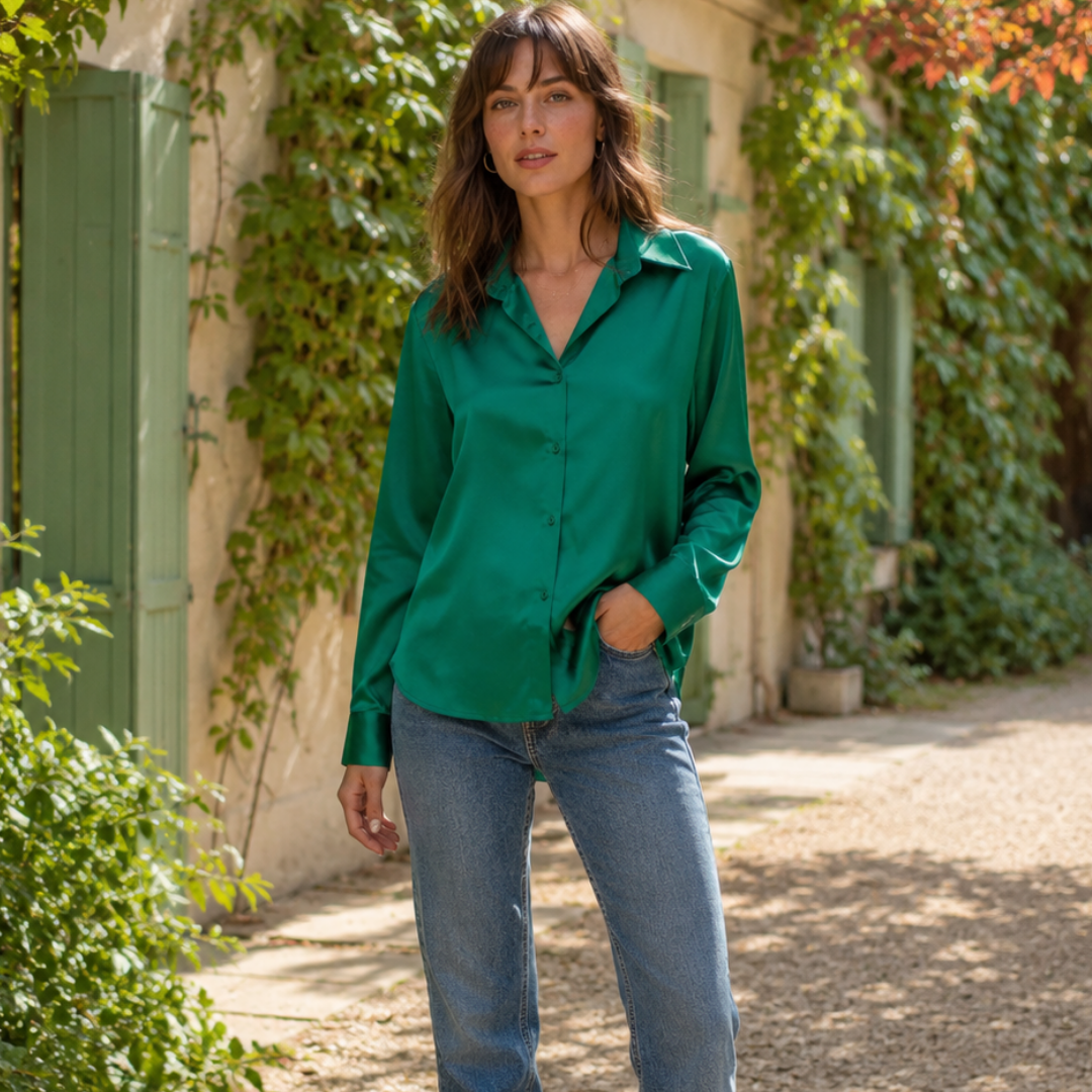 Chemisier femme vert foncé à aspect satiné, boutonnage devant et col pointu