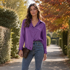 Chemisier femme violet brillant boutonné devant avec poignets boutonnés