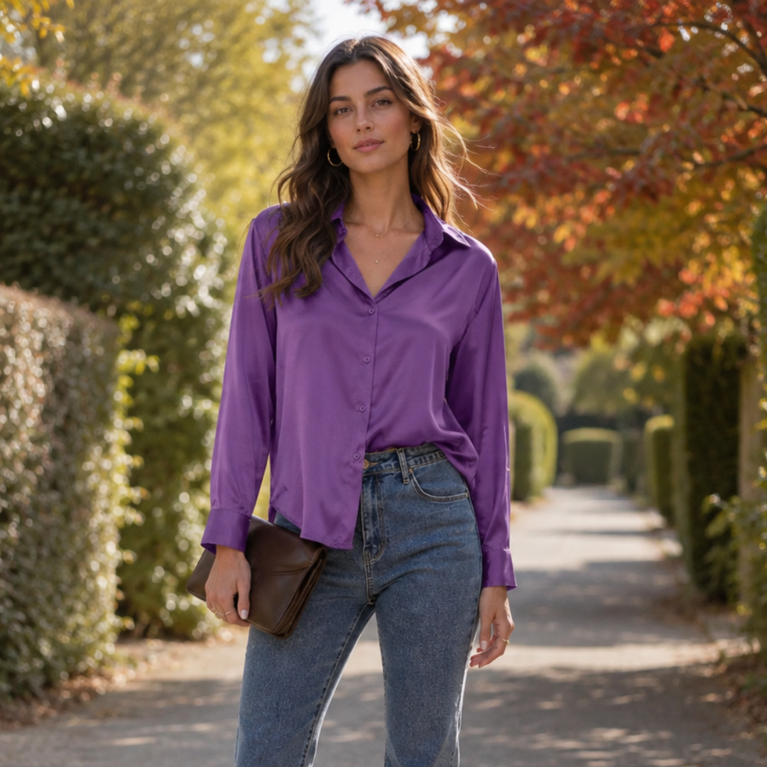 Chemisier femme violet brillant boutonné devant avec poignets boutonnés