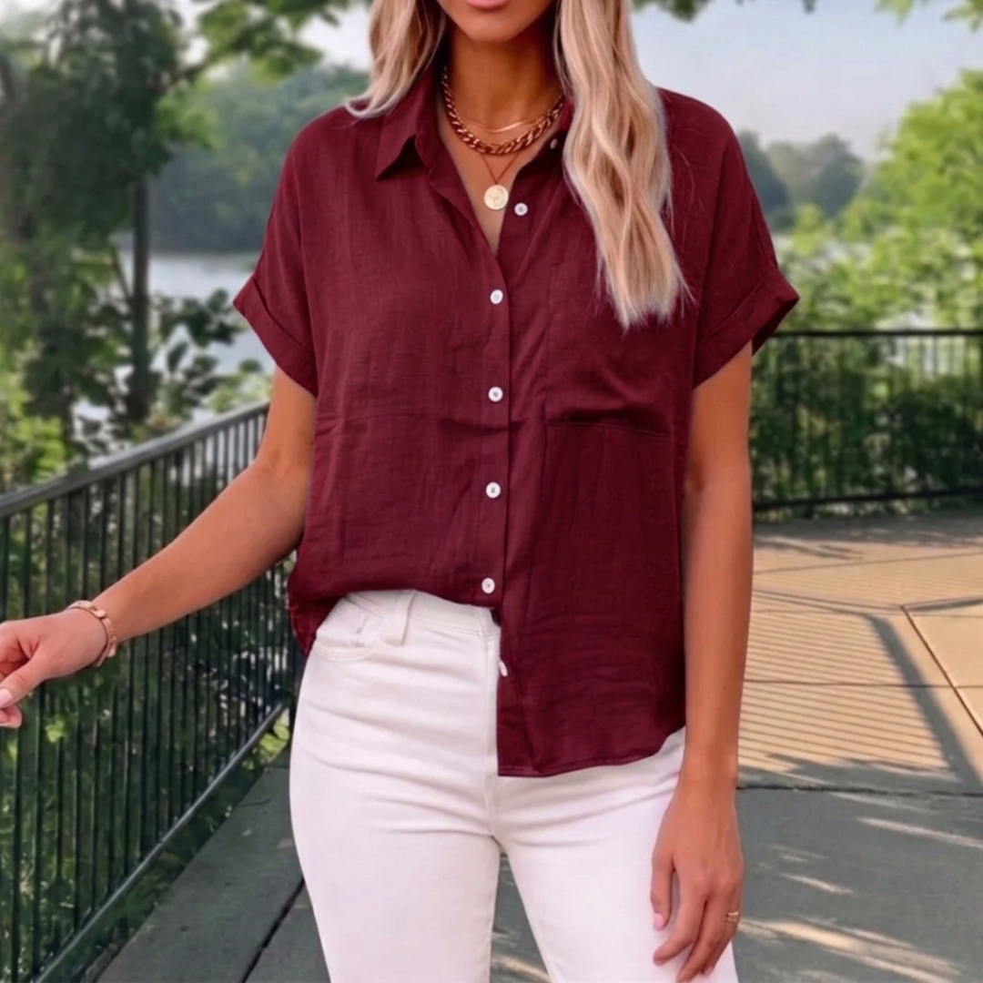 Chemisier femme bordeaux col chemise manches courtes