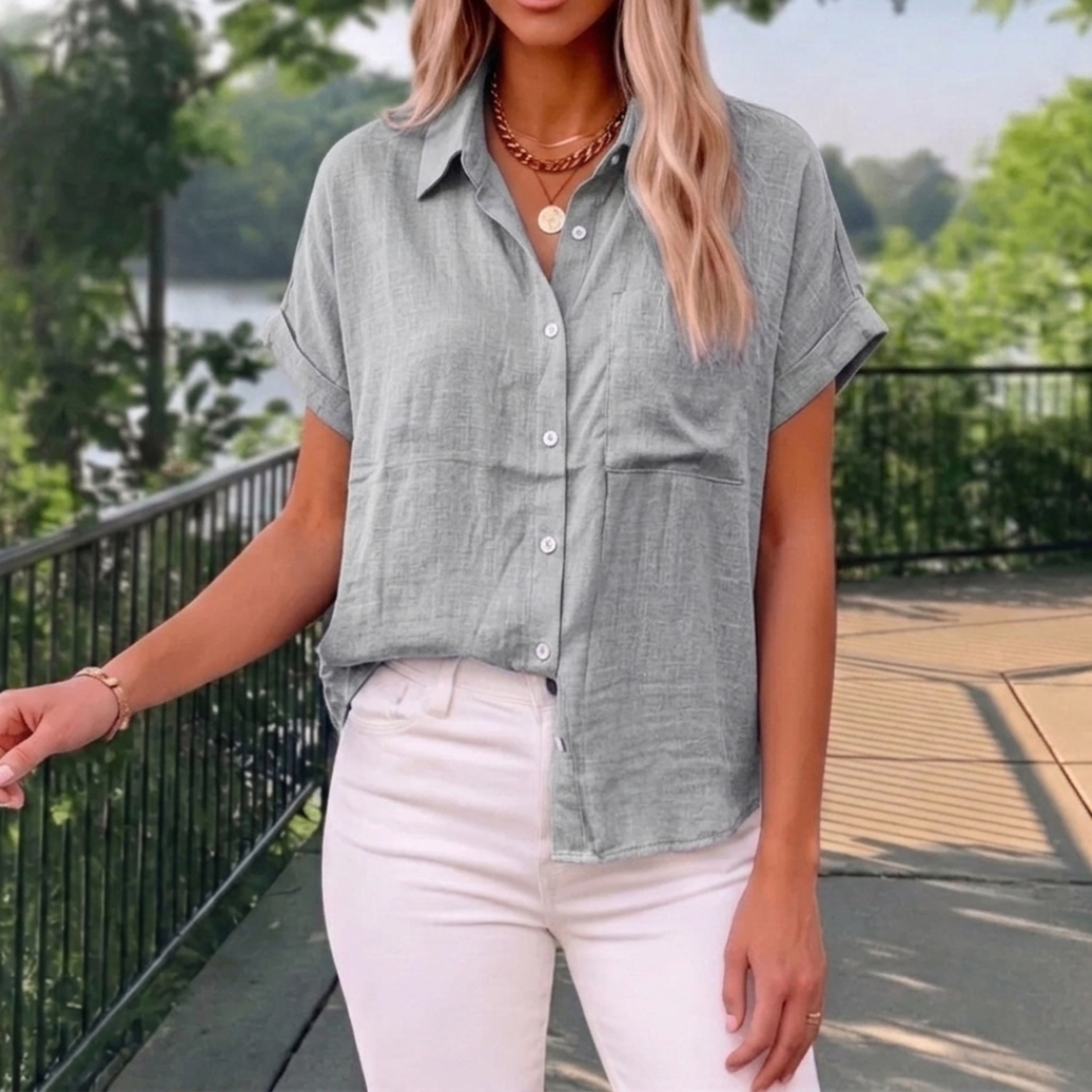 Chemisier femme gris manches courtes coupe décontractée