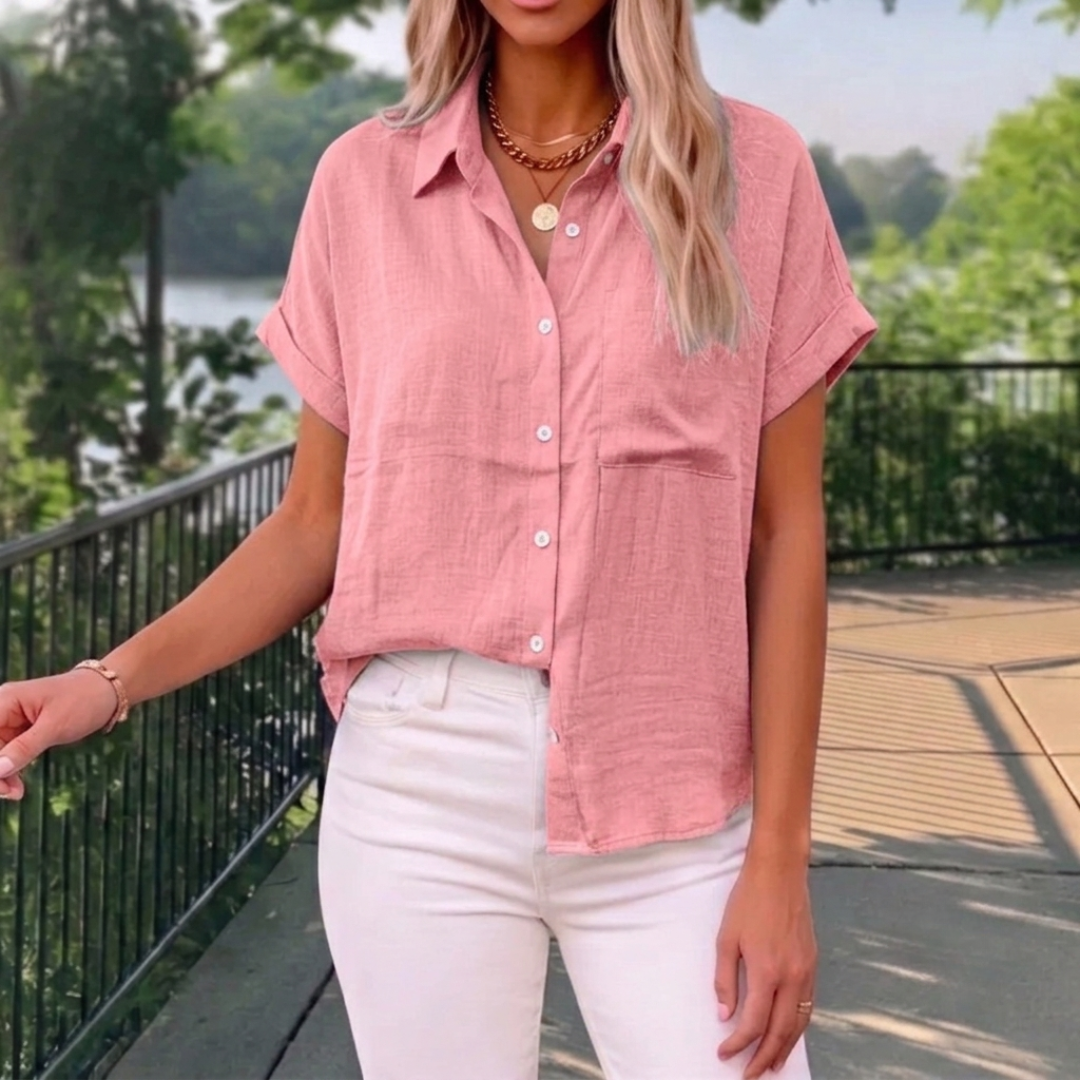 Chemisier femme rose pâle manches courtes col chemise boutonnée