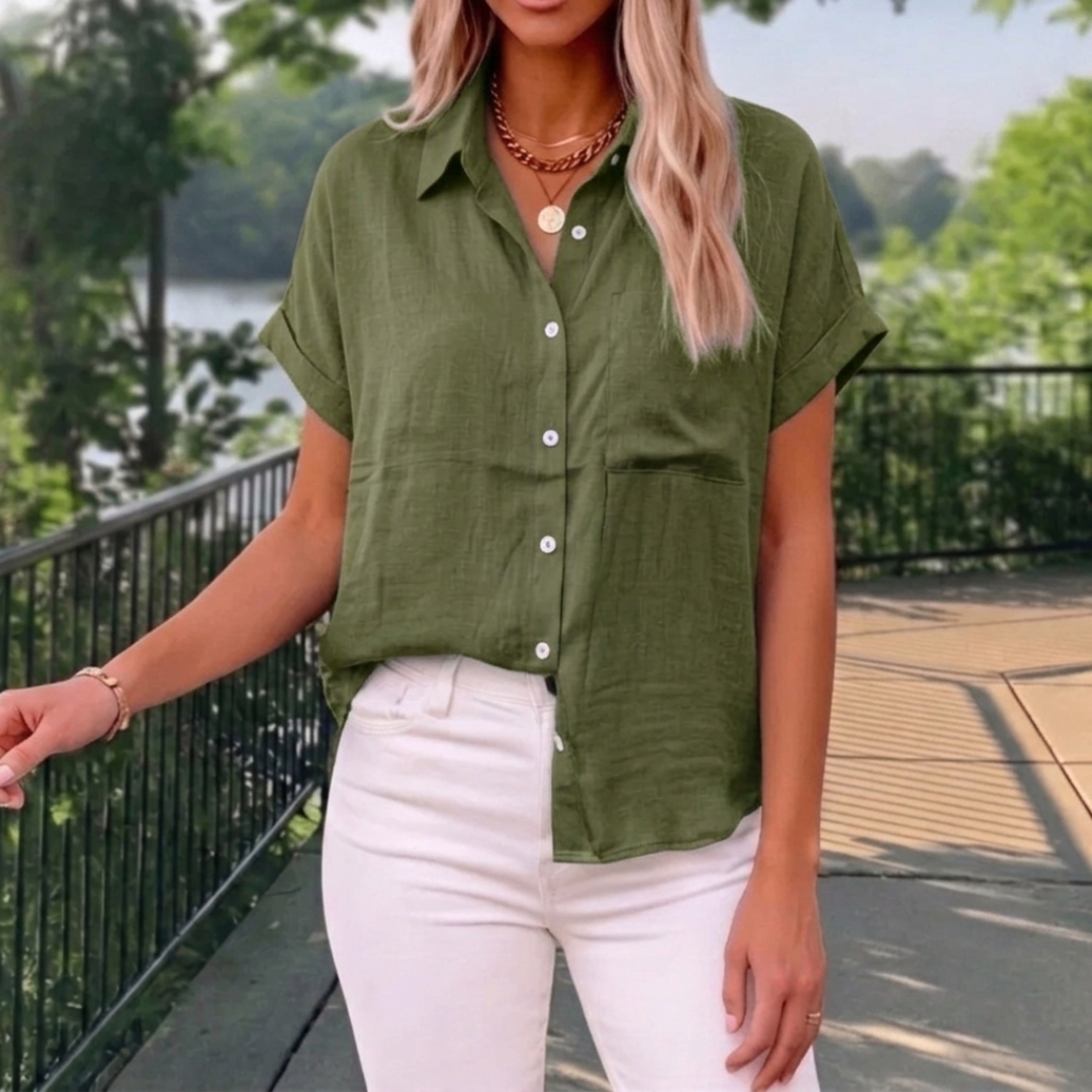 Chemisier femme vert kaki manches courtes poche et boutons