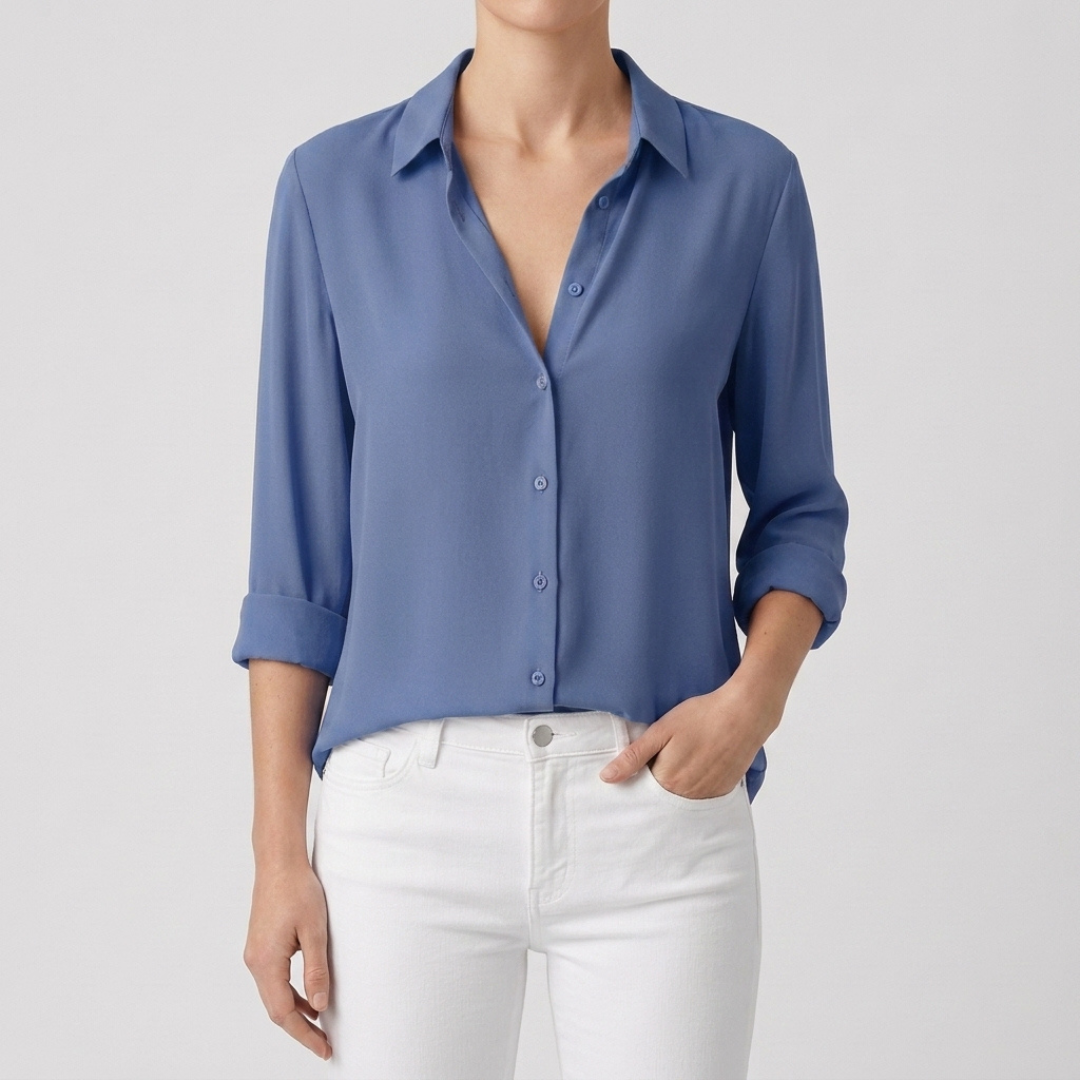 Chemisier femme bleu col V manches longues vue de face