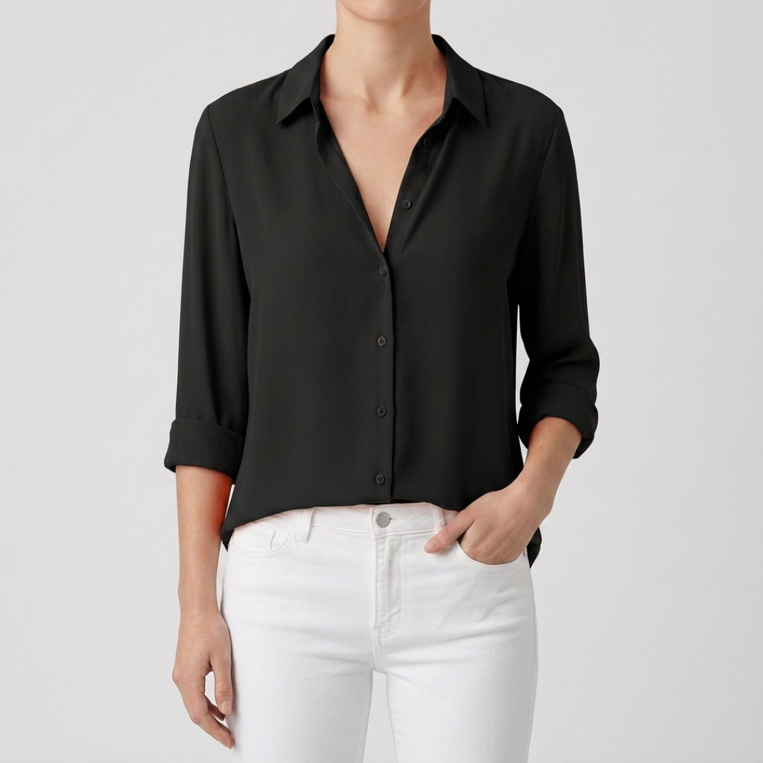 Chemisier femme noir boutonné manches longues vue de face