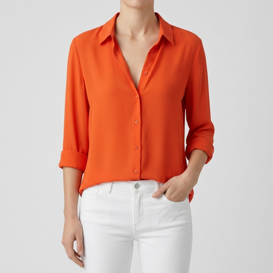 Chemisier femme orange col V boutons manches longues vue de face