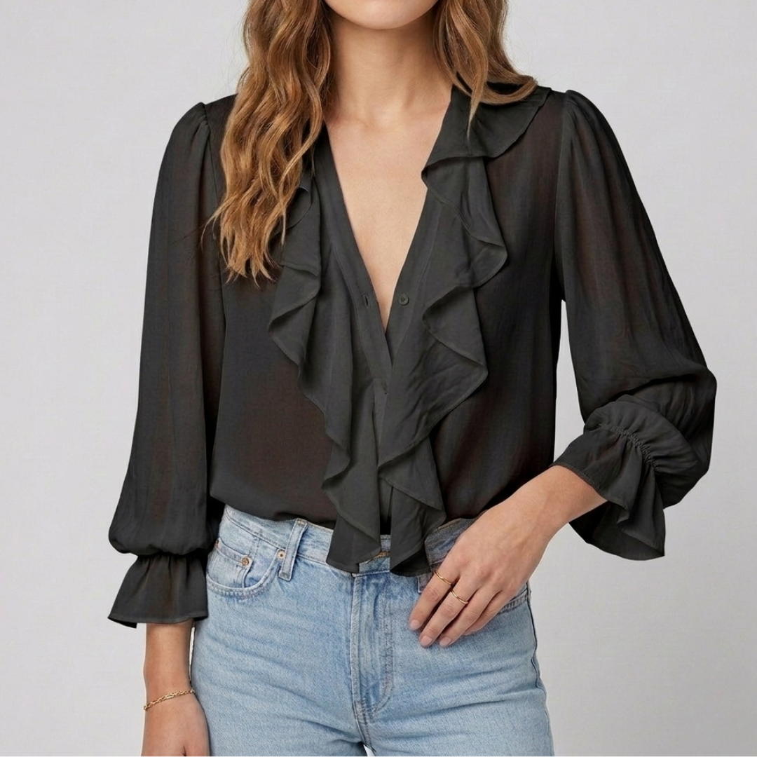 Chemisier femme noir col V profond avec volants et manches bouffantes