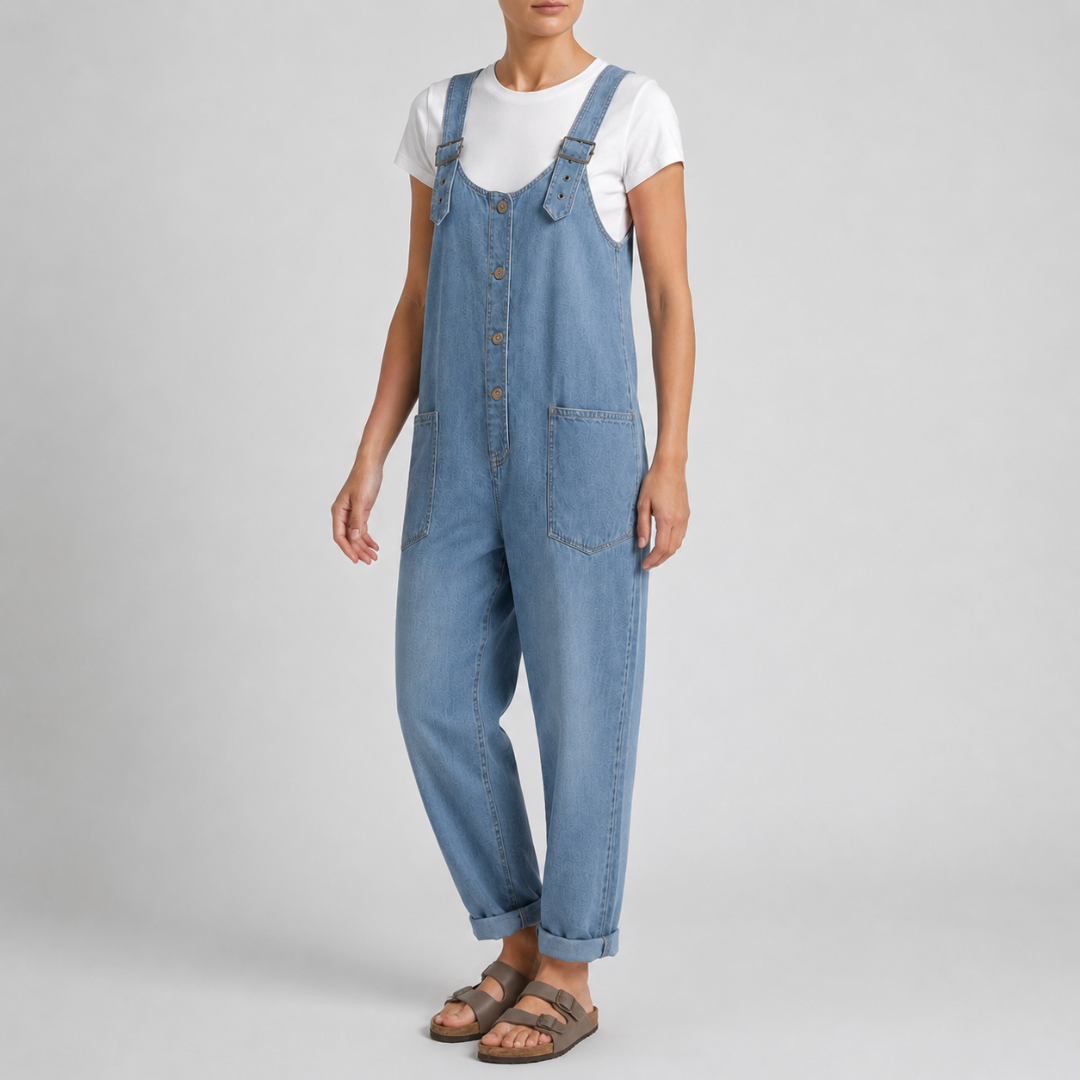 Combinaison bleu clair portée de trois quarts avec poches plaquées et boutons
