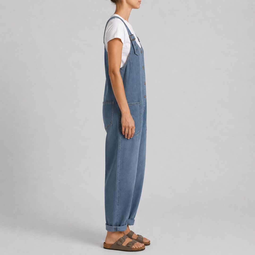 Vue de profil de la combinaison bleu clair oversize aux jambes fuselées