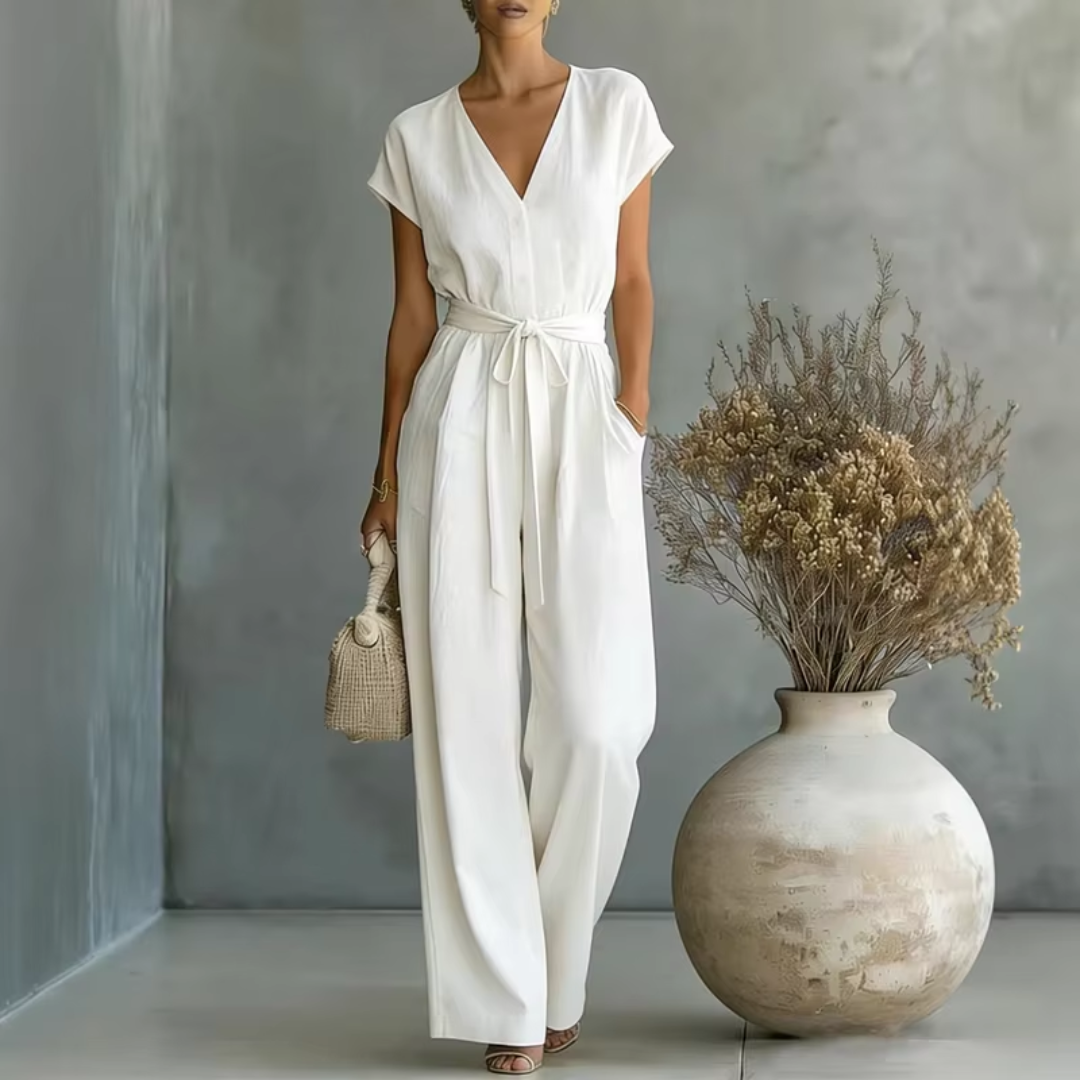 Combinaison femme blanc col V jambes larges vue de face