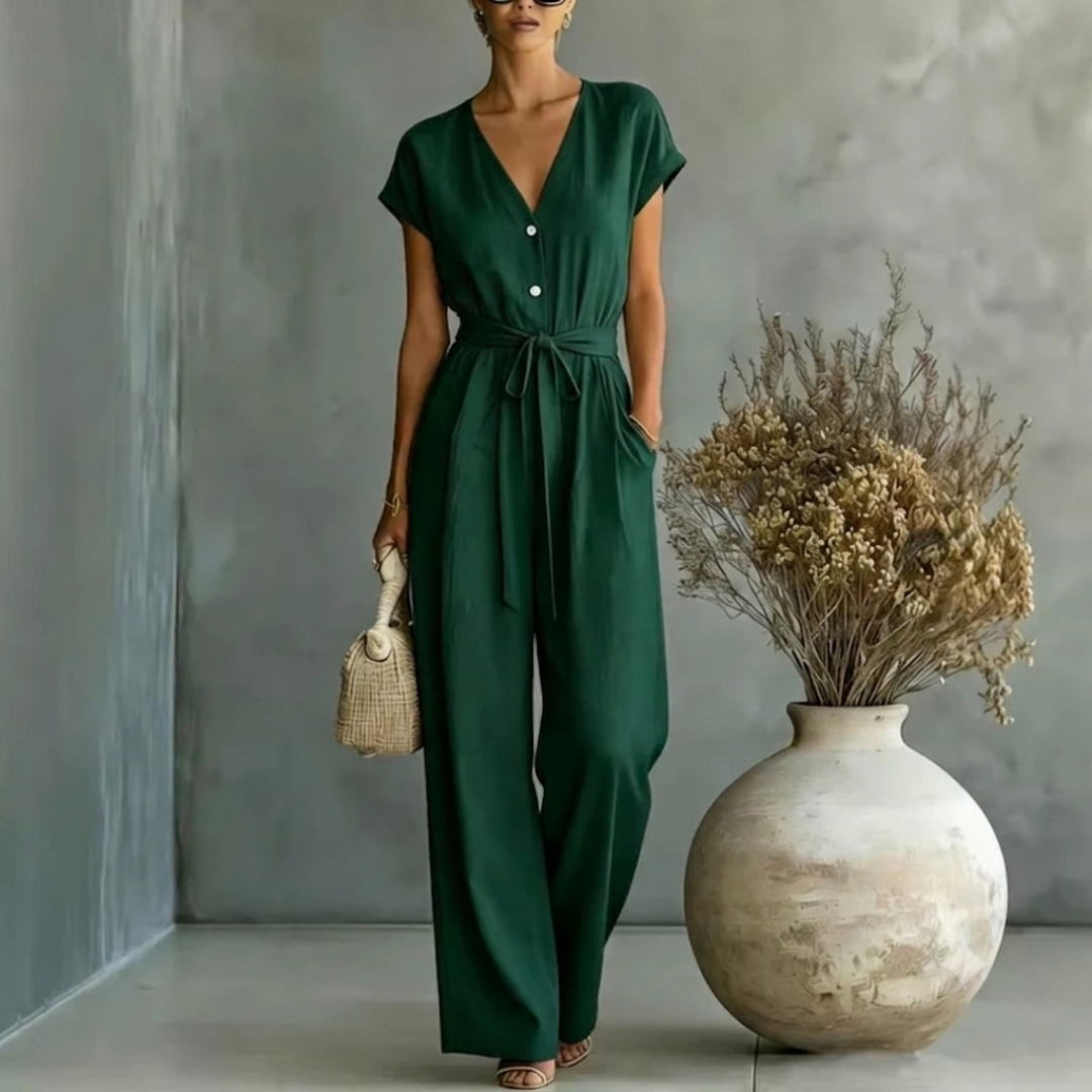 Combinaison femme vert foncé col V ceinture nouée