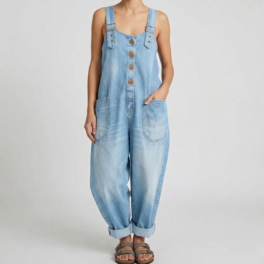 Combinaison denim bleu clair femme à bretelles larges vue de face