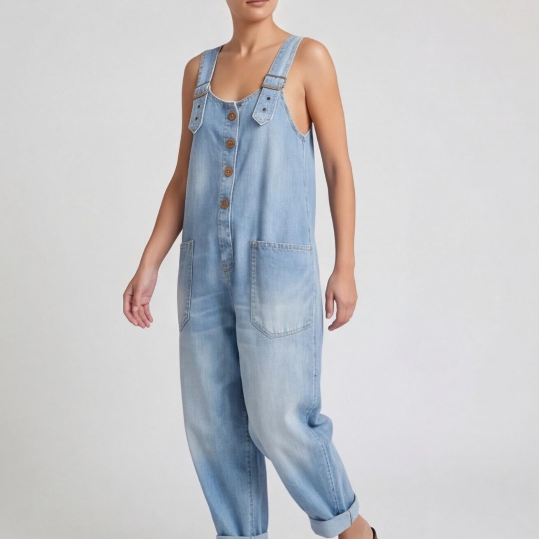 Combinaison denim bleu clair femme vue de face coupe oversize