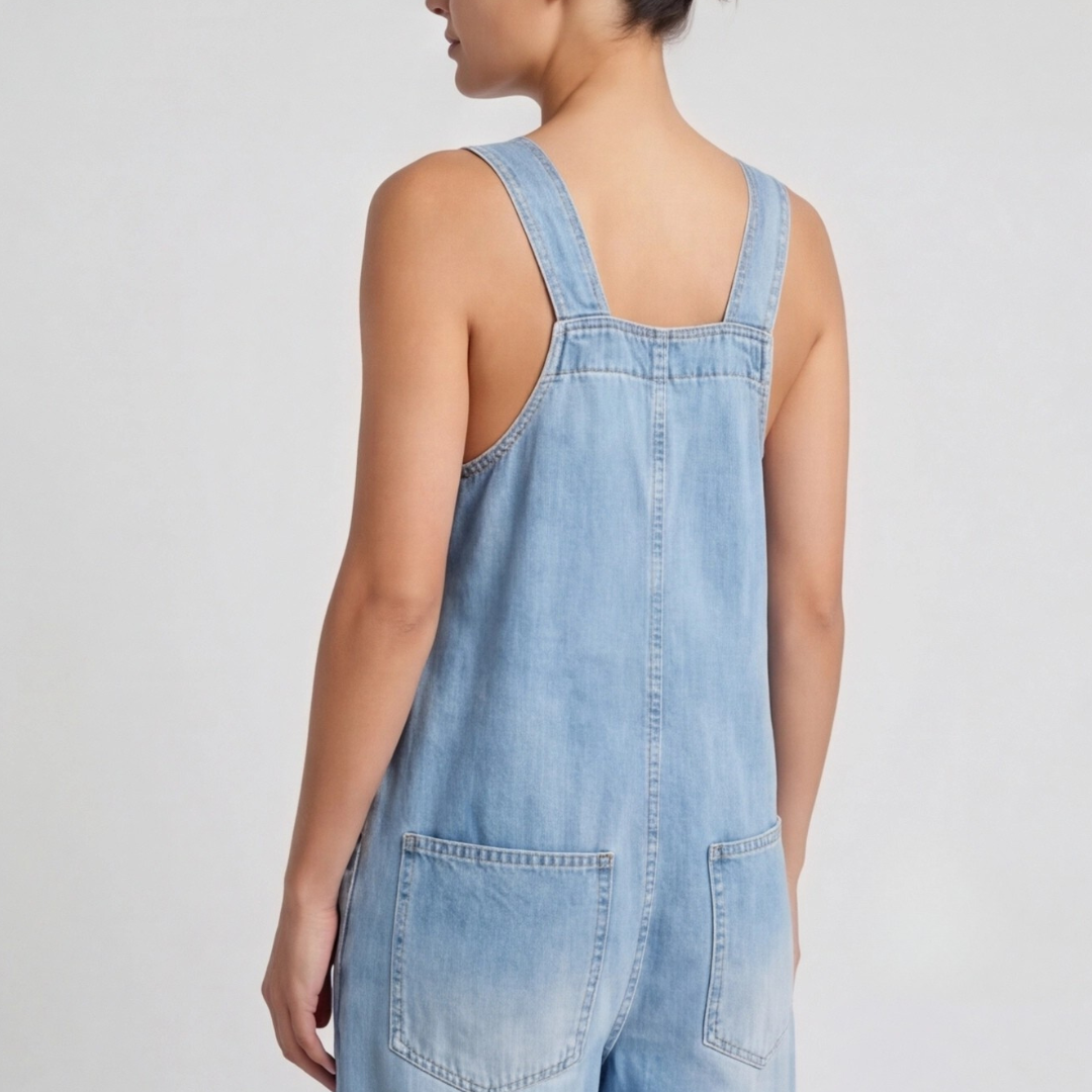 Combinaison denim bleu clair vue de dos bretelles croisées