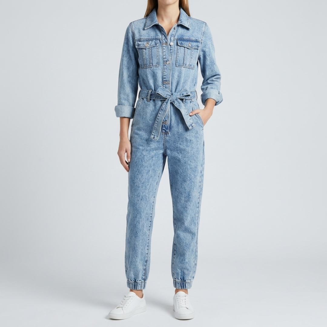 Combinaison denim femme vue de face avec ceinture nouée à la taille