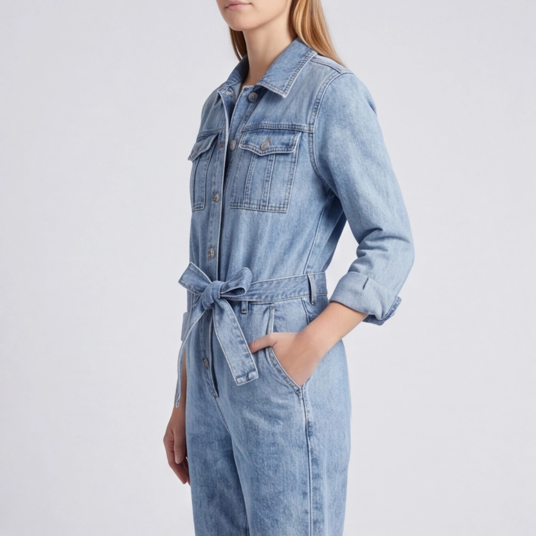 Combinaison denim femme vue de côté manches retroussées
