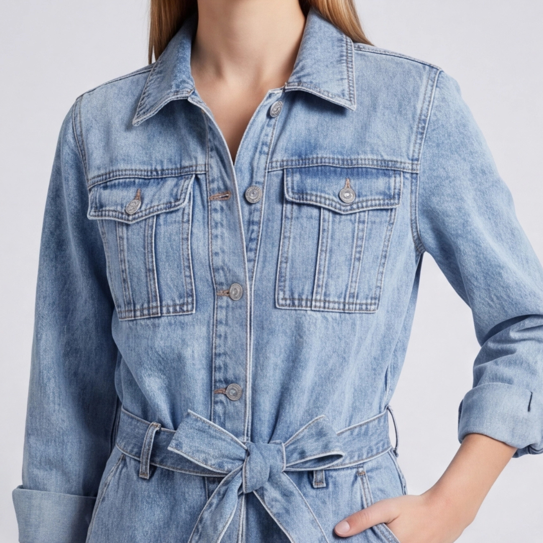 Combinaison denim femme vue de face poches poitrine visibles