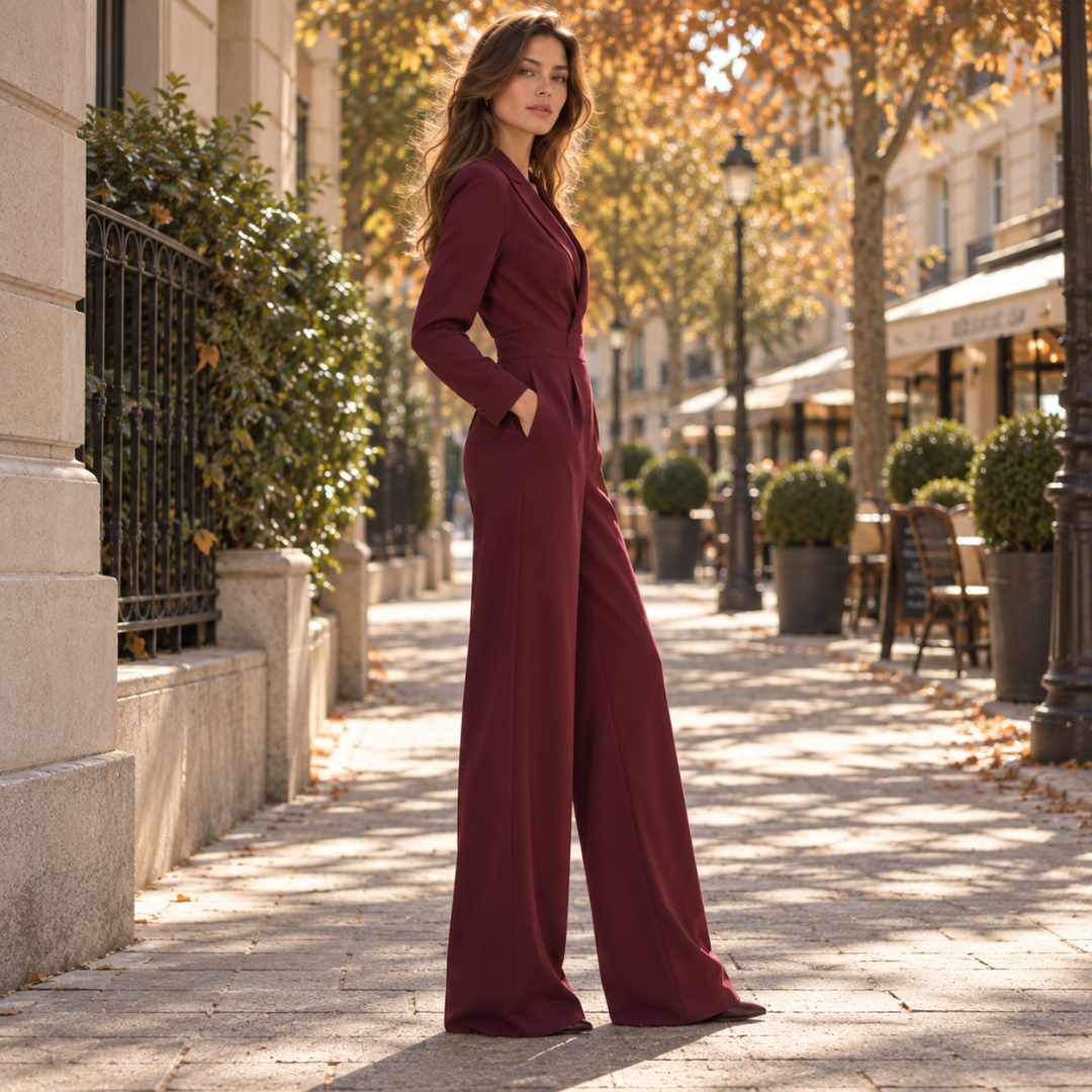 Vue de profil de la combinaison bordeaux à jambes larges et poche latérale