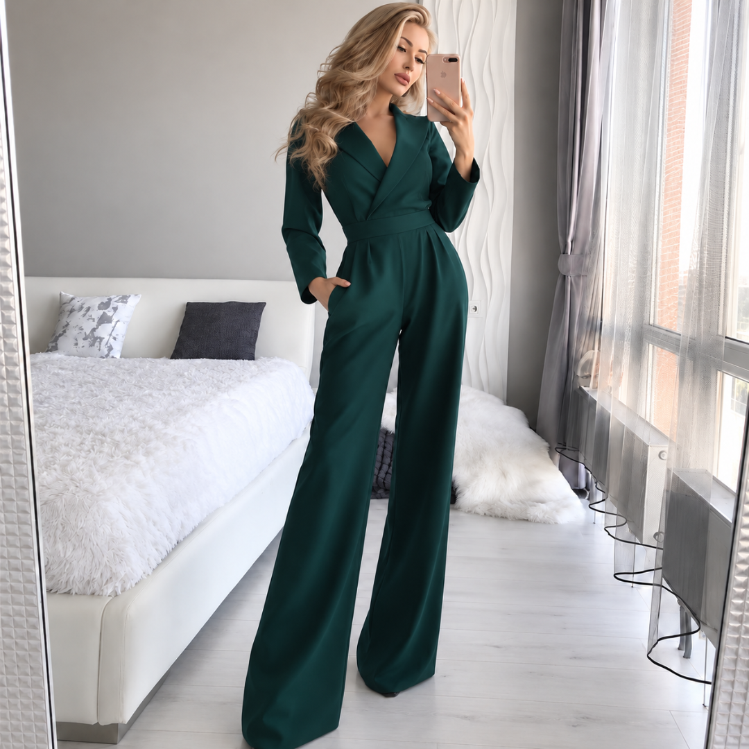Combinaison femme vert sapin jambe large, revers croisés et pantalon très fluide
