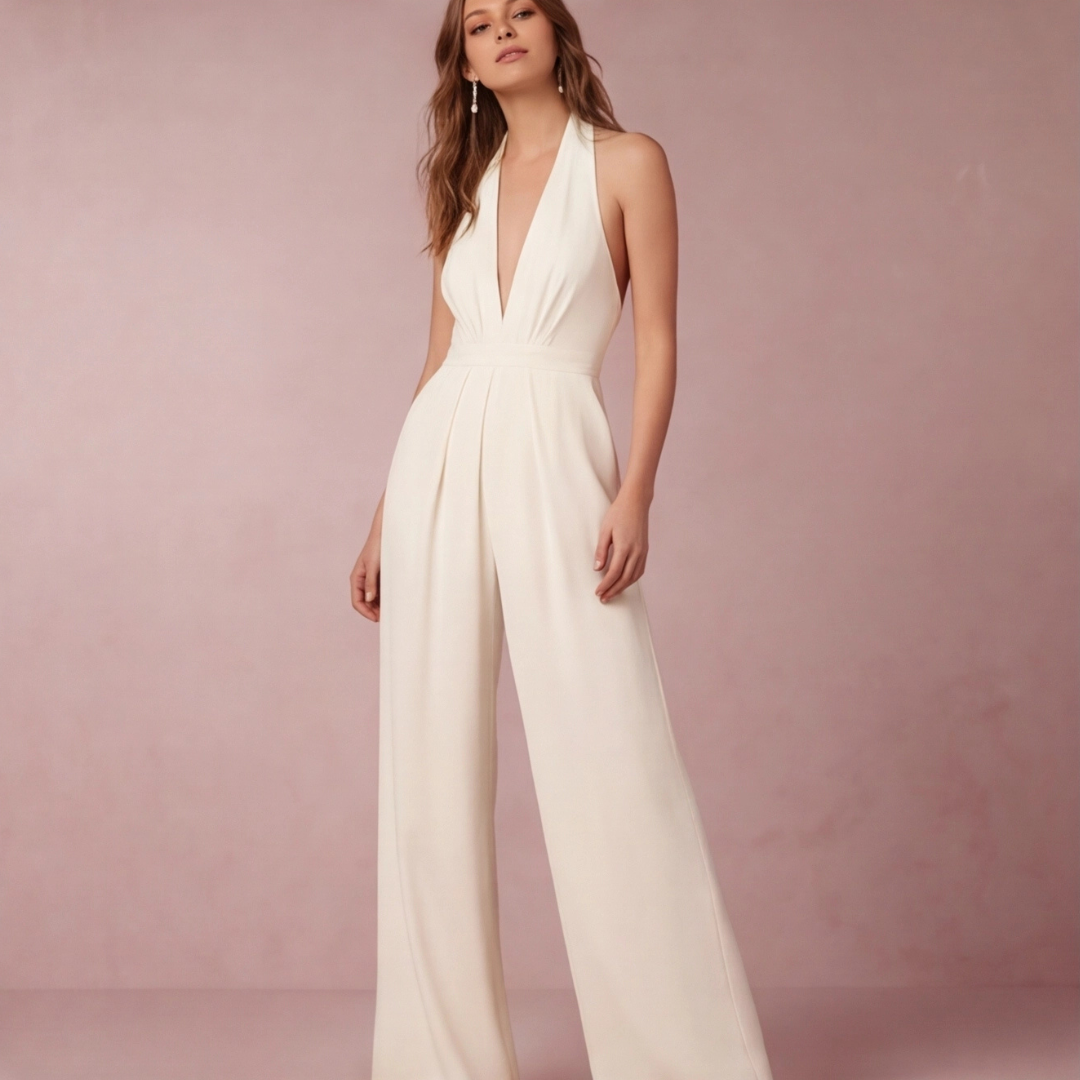 Combinaison blanche jambes larges fluides vue de profil