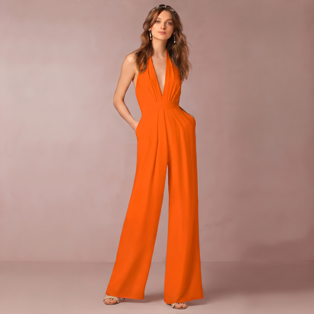 Combinaison femme orange col V halter jambes larges vue de face
