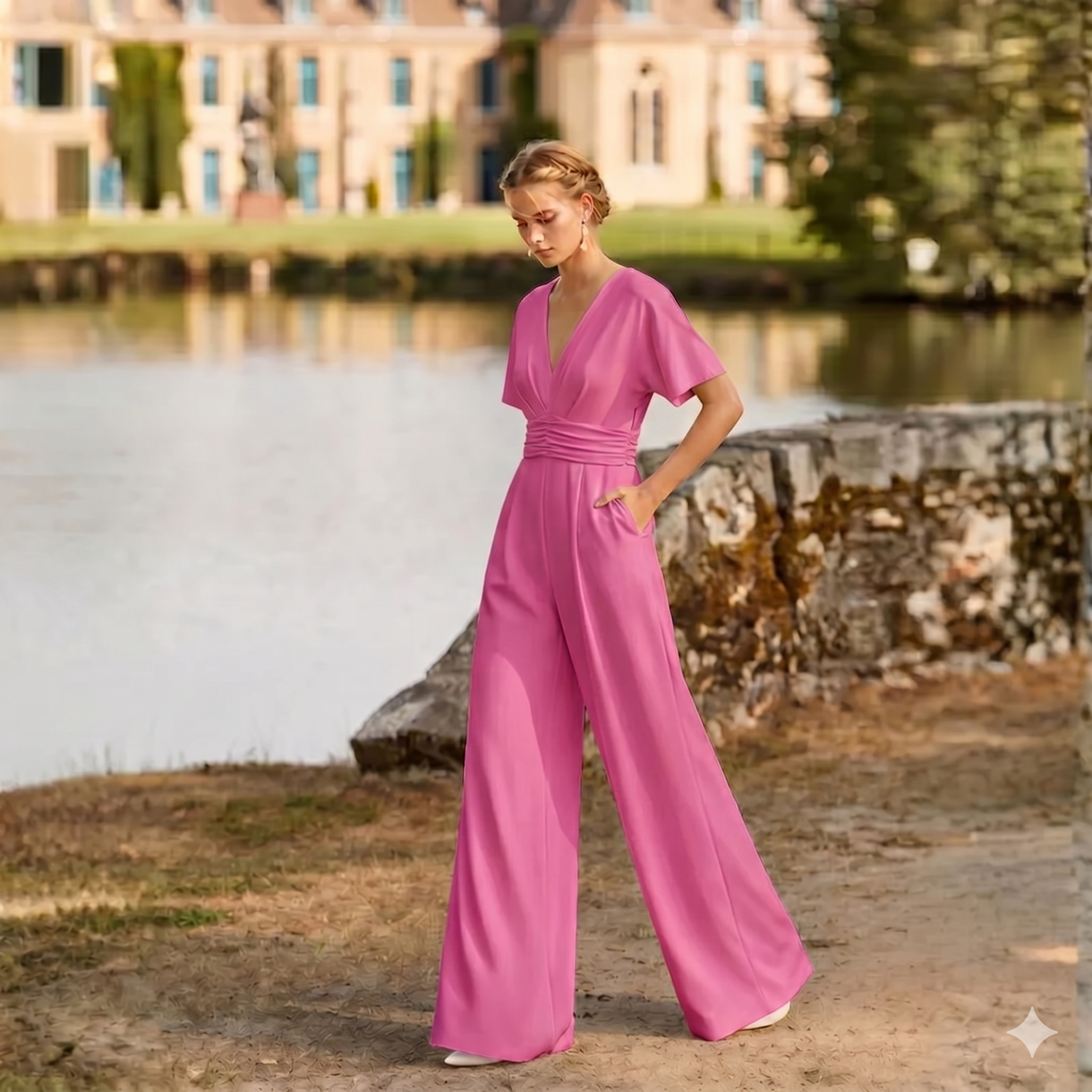 Combinaison rose pâle jambes larges col V en extérieur